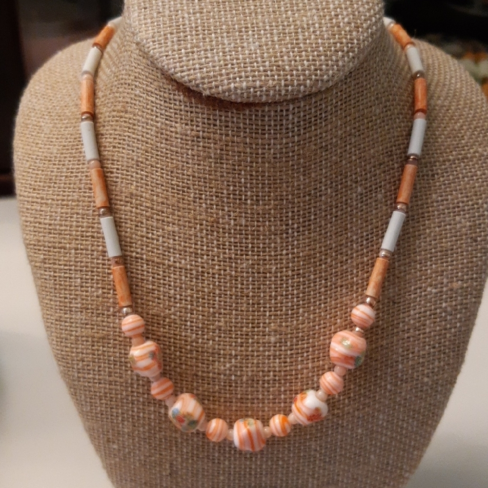 Elegant Peach and White Beaded Necklace